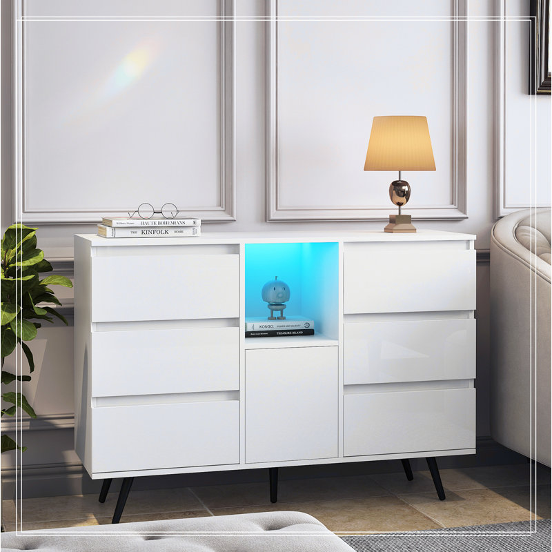 Living Room Sideboard Storage Cabinet White High Gloss with LED Light
